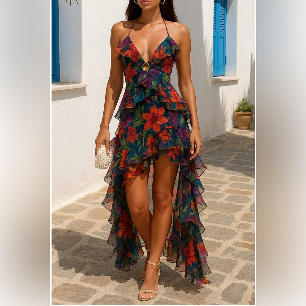 SisterParty Floral Ruffle High-Low hem lace up back halter style. Size L